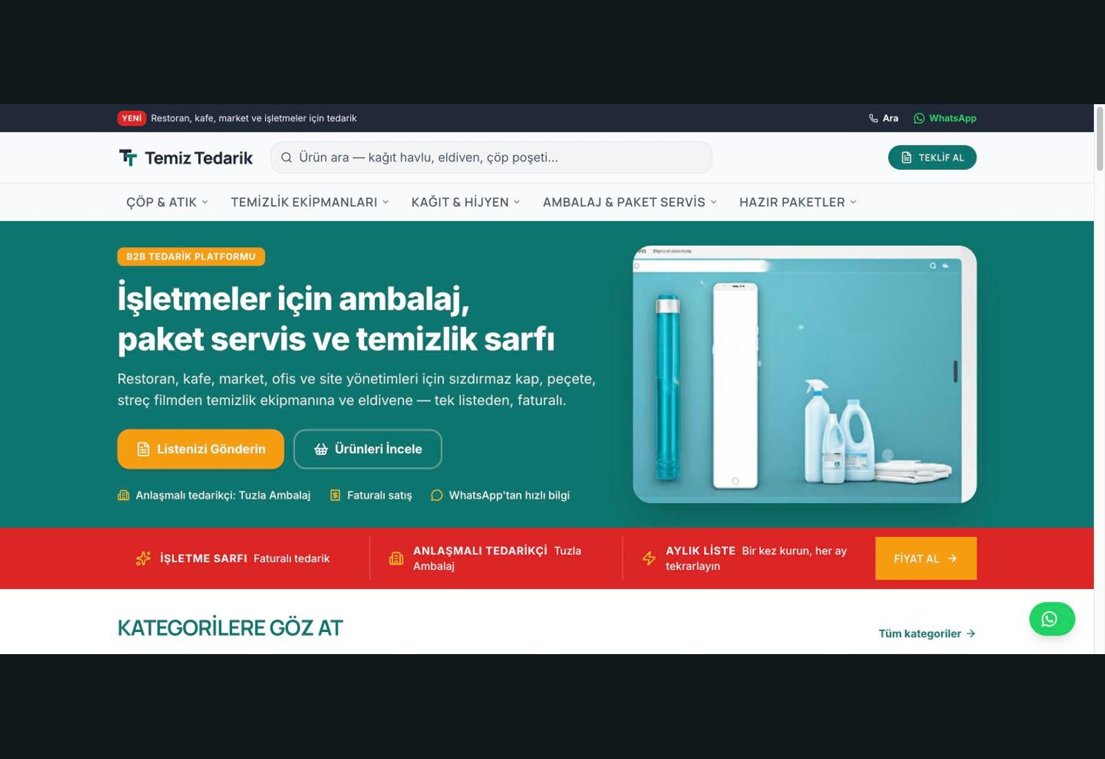 Temiz Tedarik B2B tedarik platformu anasayfası: sektörel ürün keşfi ve teklif talebi