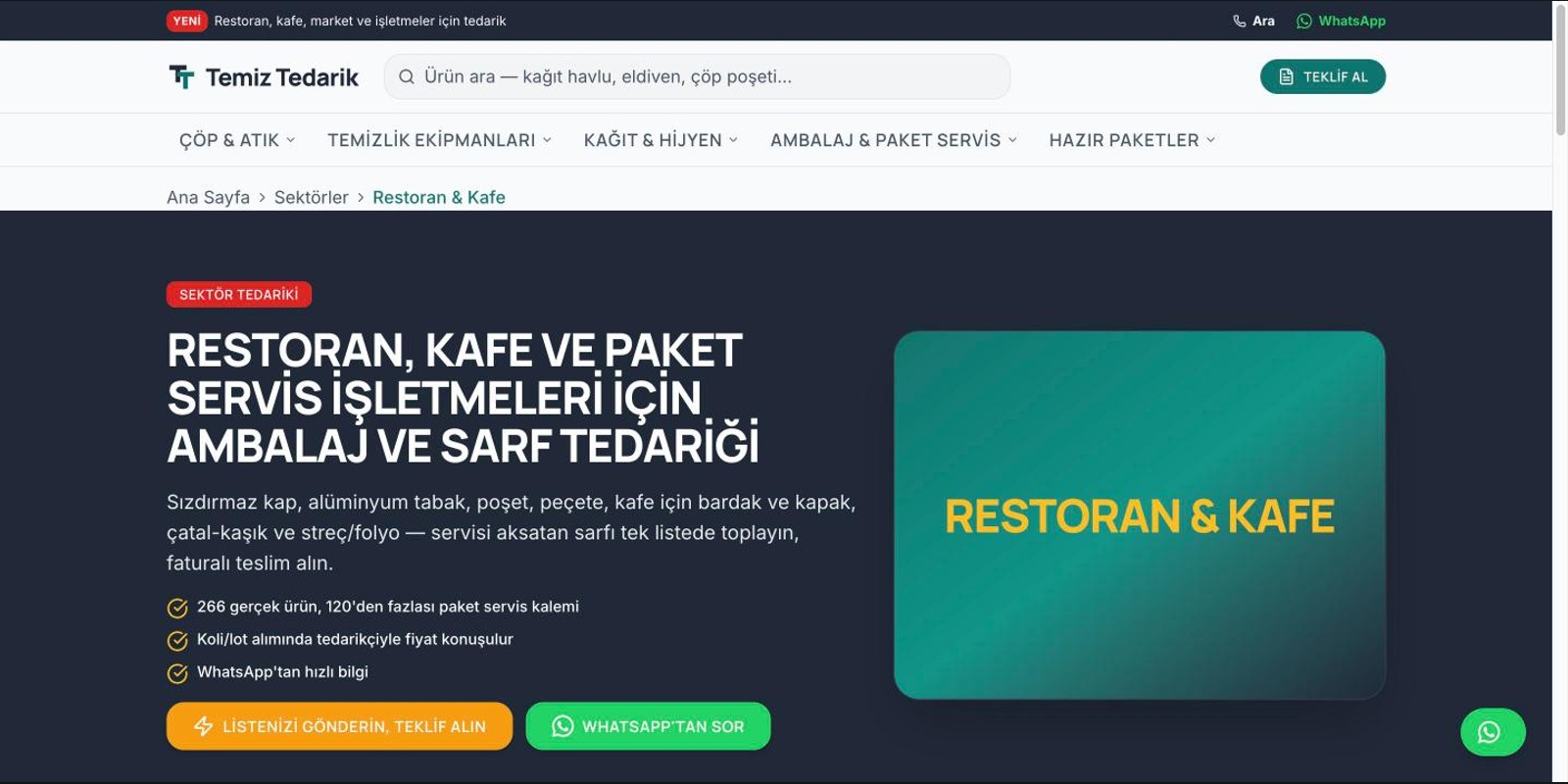 Temiz Tedarik sektör sayfası: Restoran & Kafe, 266 gerçek ürün