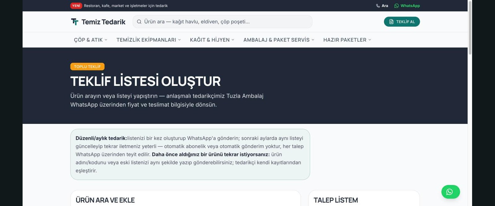Temiz Tedarik "Teklif Listesi Oluştur" sayfası: ihtiyaç listesi anlaşmalı tedarikçiye WhatsApp'tan iletiliyor