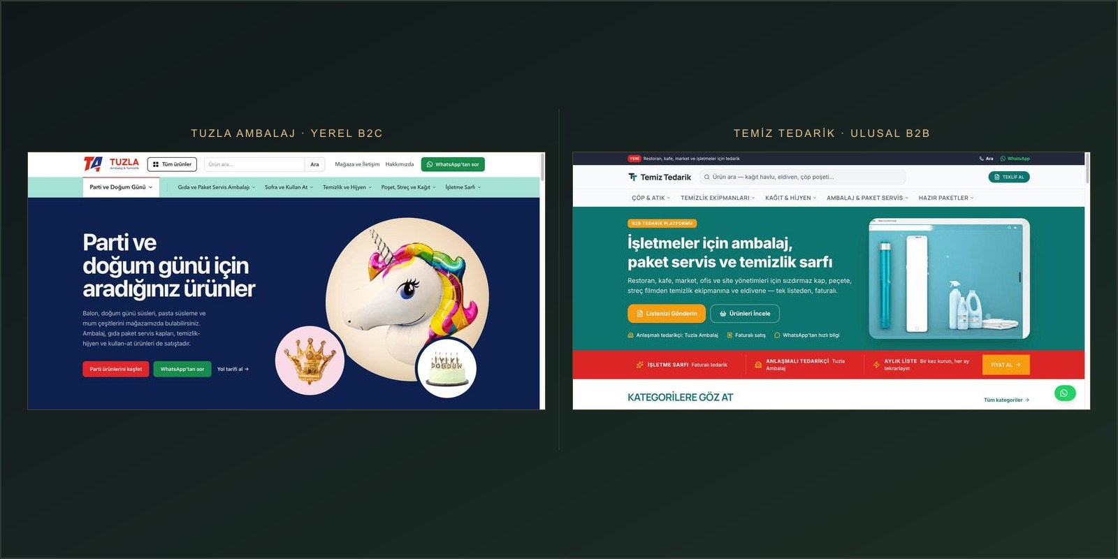 Tuzla Ambalaj ve Temiz Tedarik anasayfaları yan yana: iki platform, iki pazar